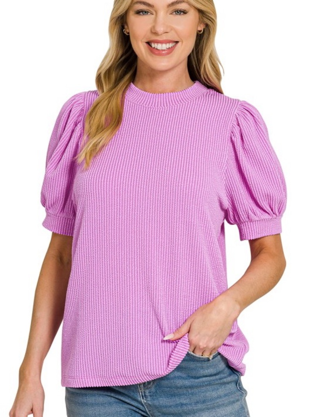 Women's Spring Violet Puff-Sleeve Knit Top